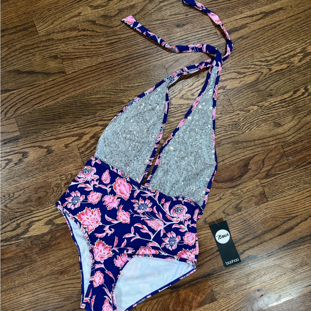 Boohoo Floral & Sequin Swimsuit in Pink/ Blue/ Silver